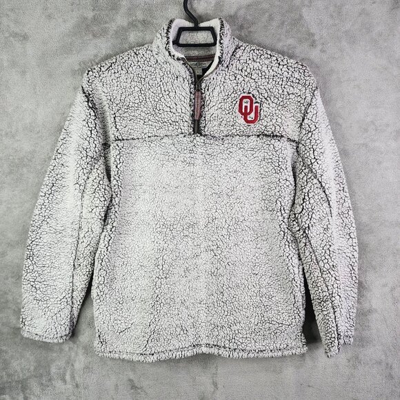 Womens Gray Three Square Faux Fur Sherpa Pullover Jacket 1/4 Zip OU Sooners L - Picture 2 of 11